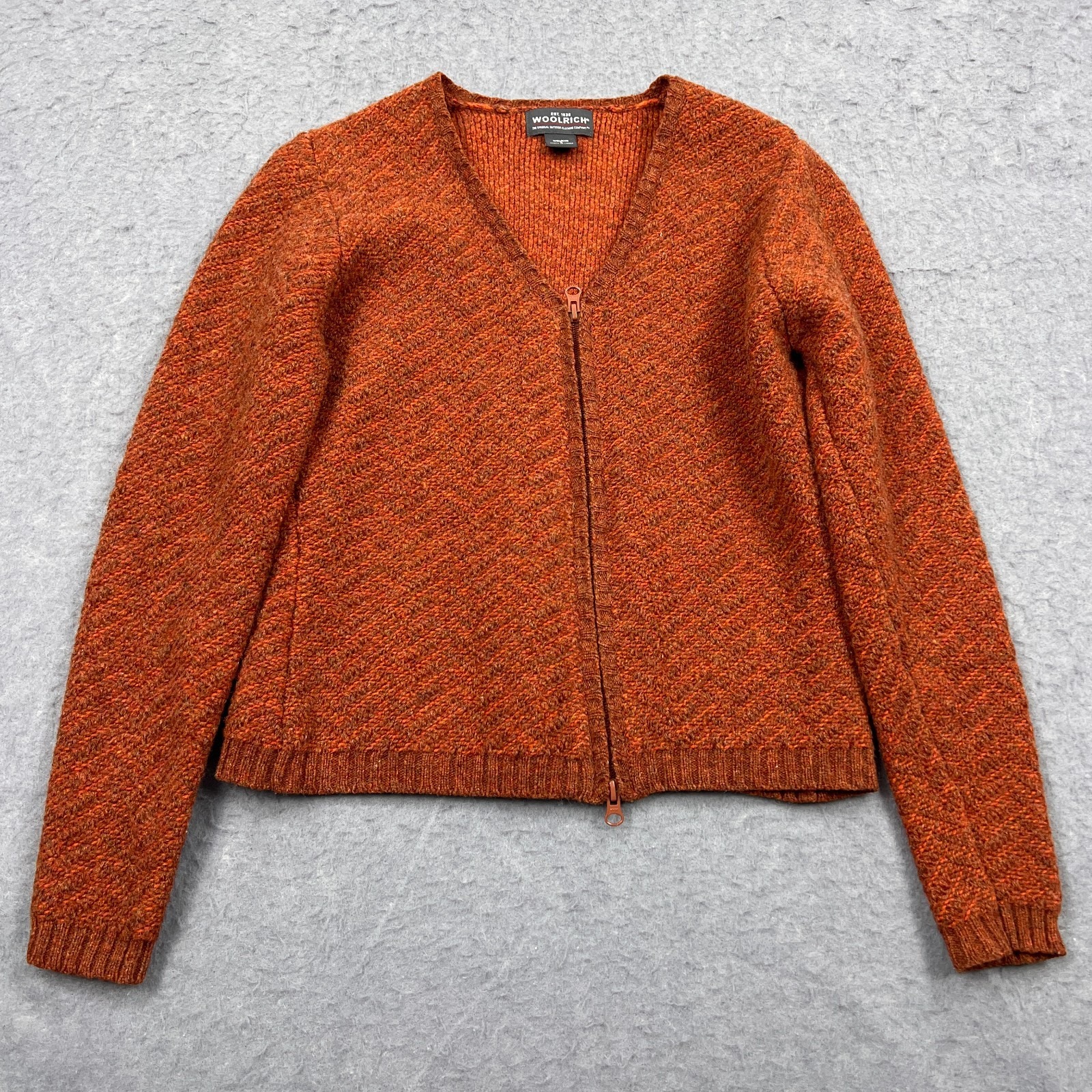 Woolrich Sweater Women's Small Orange Bittersweet 100% Lambs Wool Zip Cardigan